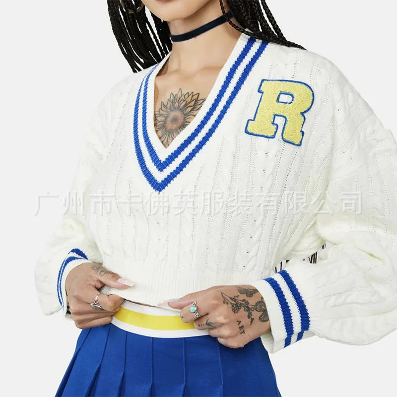 White V Neck Cropped Long Sleeve Sweater Women Y2K Blockcore American Preppy Campus Style Casual