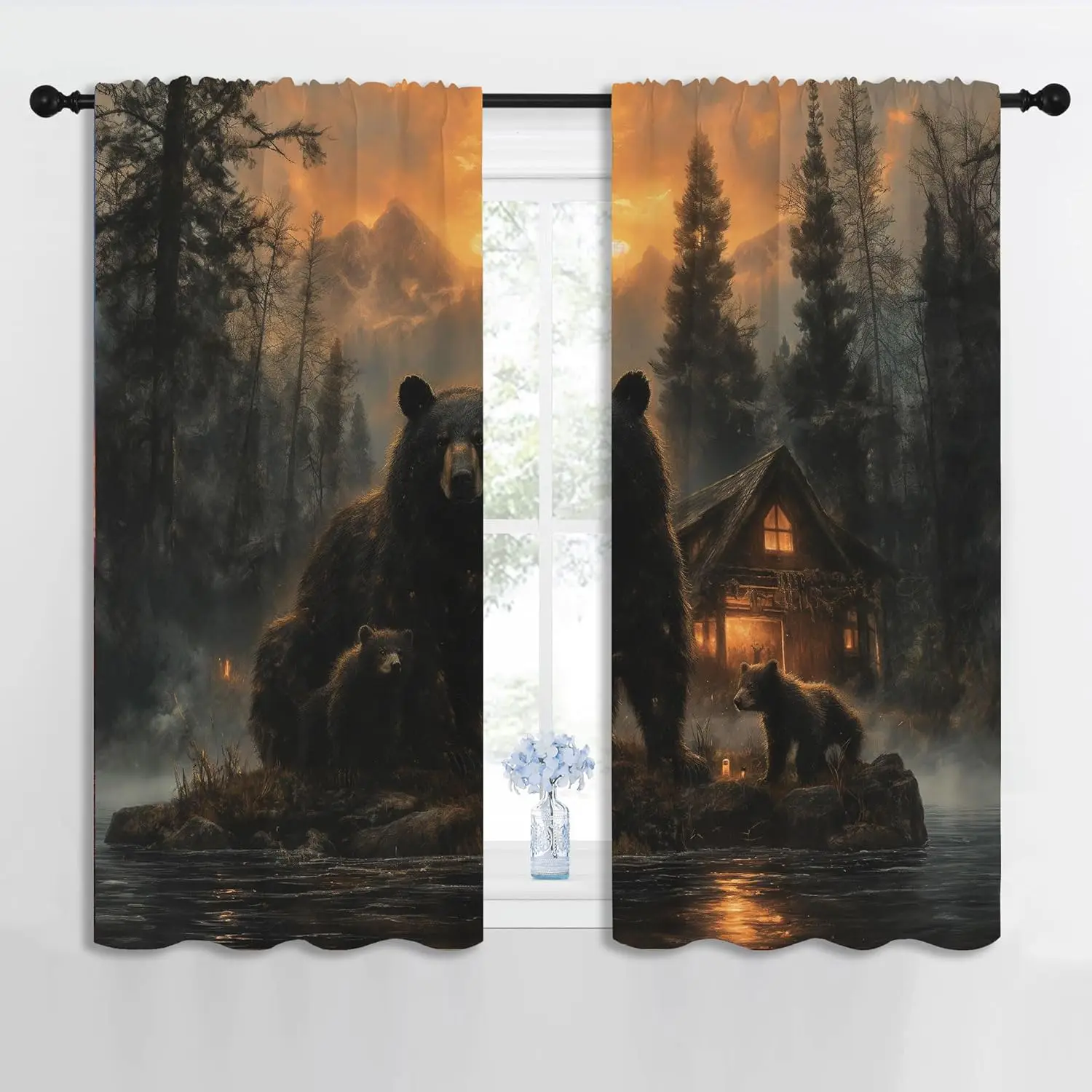 Decorative Polyester Curtain Tapestry Woodland Bears Family Forest Cabin Scene Rustic Wilderness Wall Hanging Home Decor Living