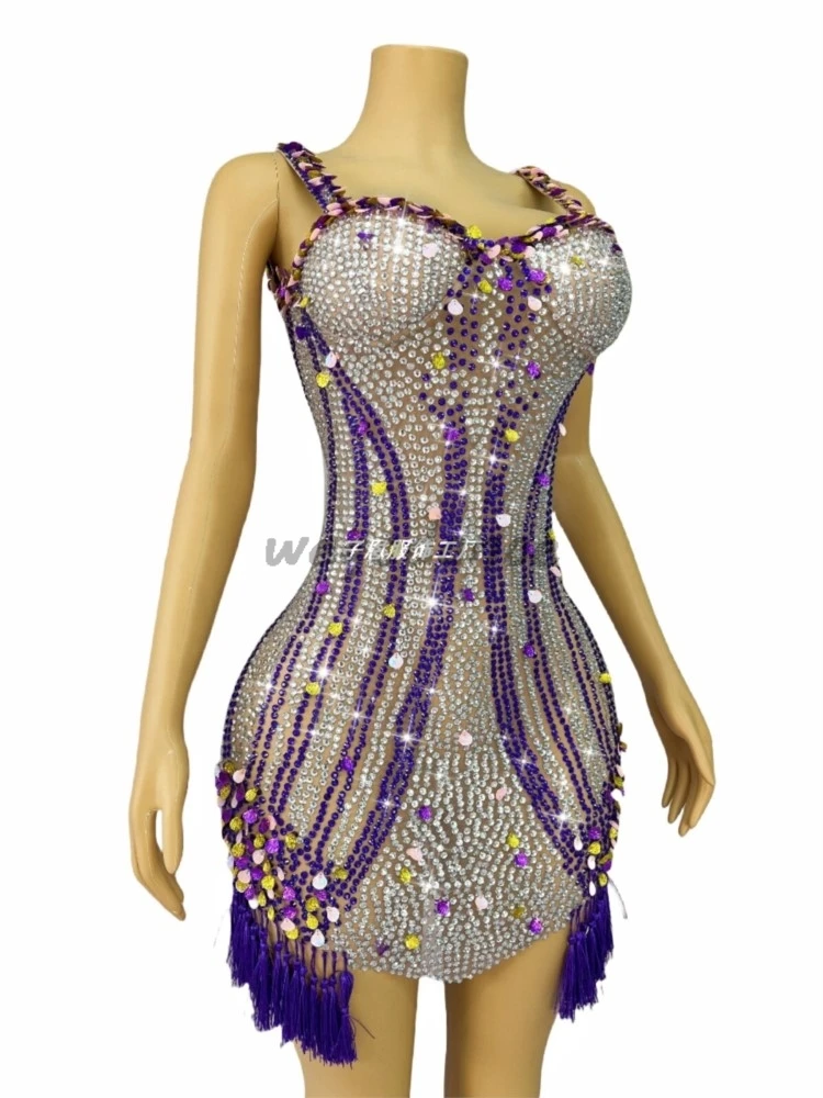 New Blingbling Rhinestone Sequin Fringe Girl Group Singer Dance Purple Skirt For Women