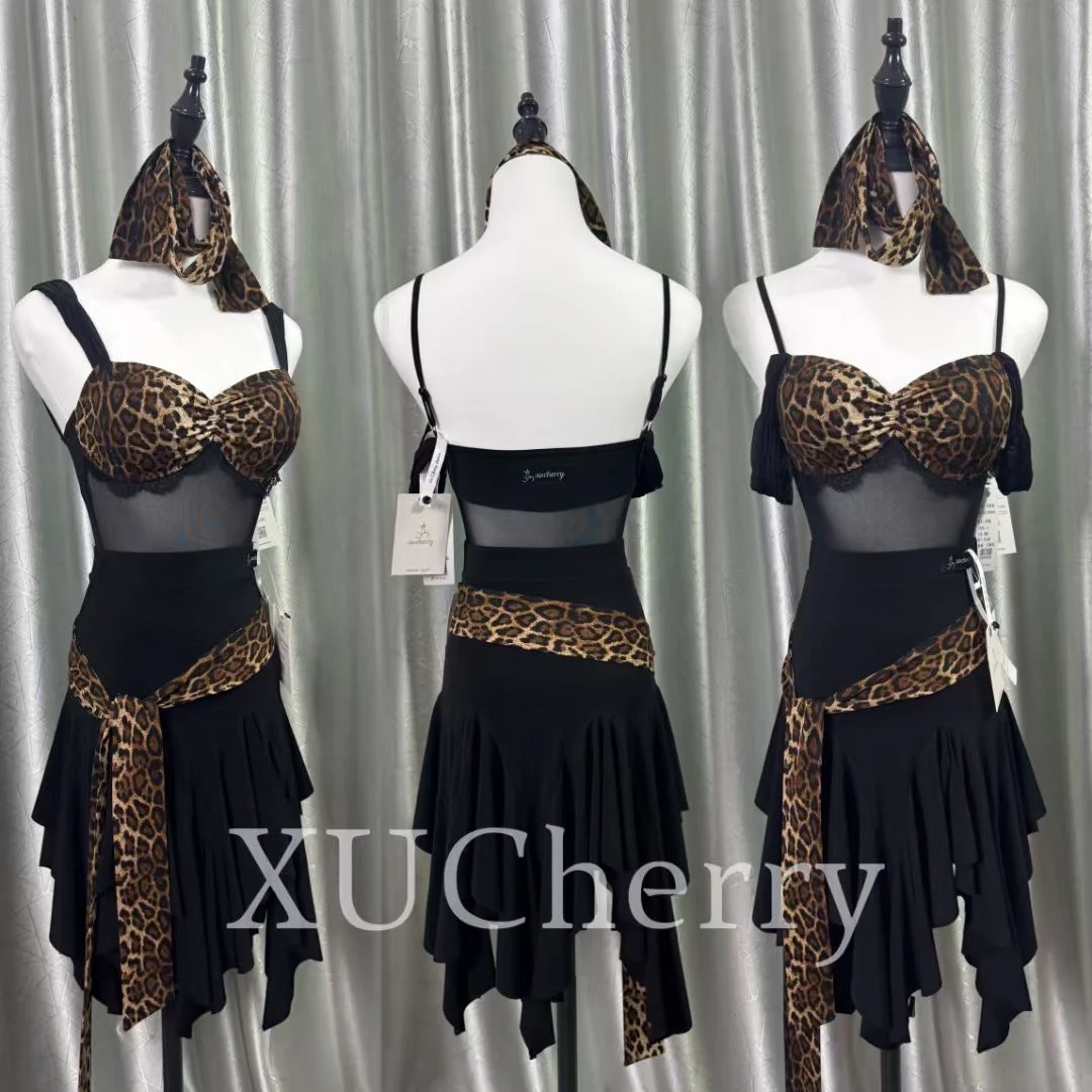 

2025 Latin Dance Costume Women Leopard Tops Irregular Skirt Copetition Clothing Club Rumba Tango Dance Practice Dress DNV24097