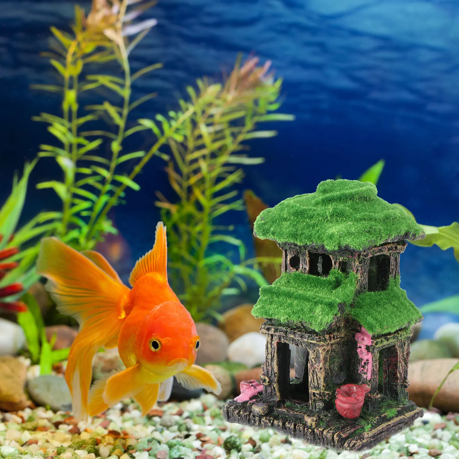 

Artificial Fish Resin Double Ancient Style Moss Pavilion Aquarium Decoration Landscape Habitat for Fresh Saltwater