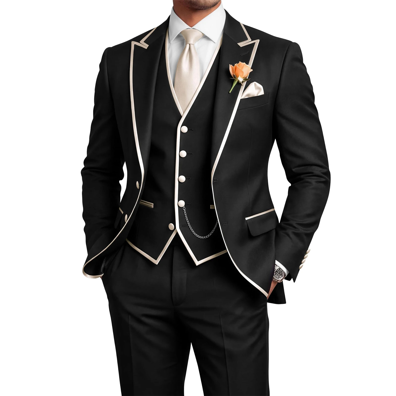 

Men's 3 Piece Tuxedo for Men Slim Fit Jacket Vest Pants Wedding Suits for Groom Groomsman Prom Party Graduation Suits