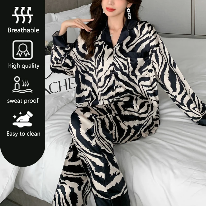 Spring and Fall Winter Pajamas Women Zebra Print Long Sleeve Long Pants 2PCS Set Home Wear Ladies Silk Comfortable Sleepwear