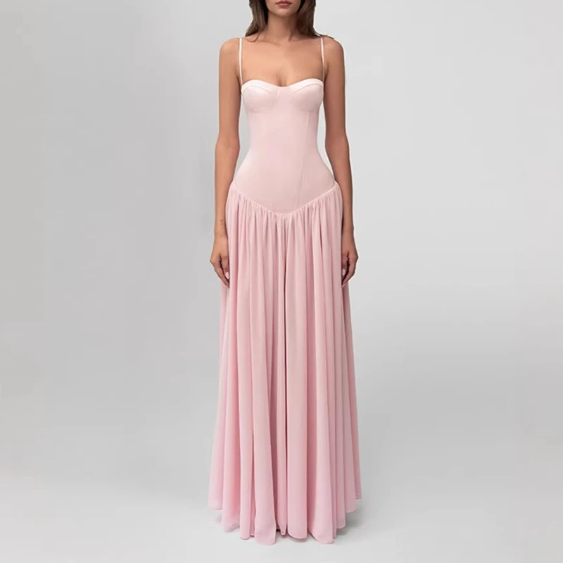 

2026 New Mesh Splicing Suspender Waist Sexy Tube Top Big Swing Banquet Dress Women's Model