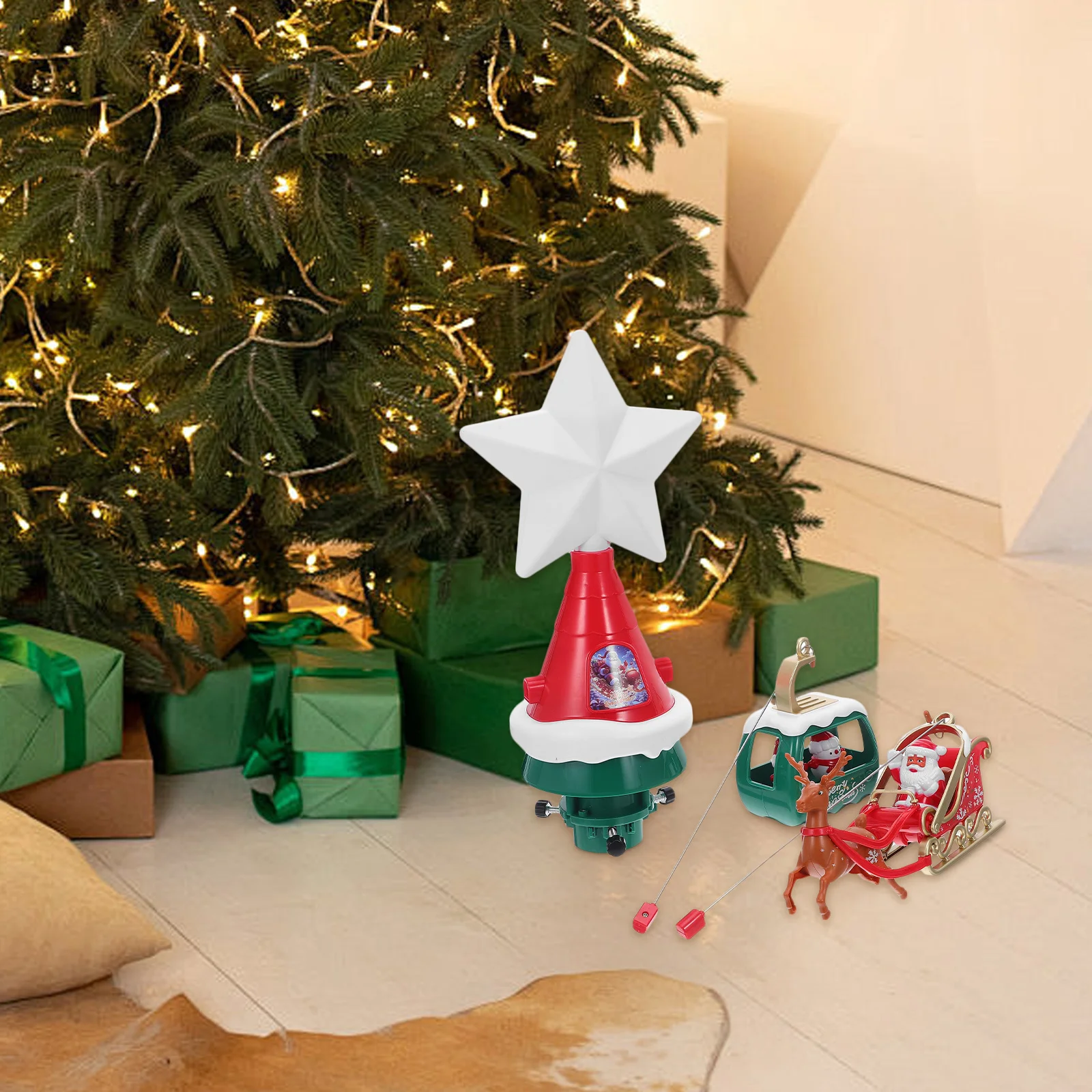 

Illuminated Rotating Tree Topper Star with Santa Sleigh Reindeer Lighted Christmas Ornament for Cozy Family Gatherings and