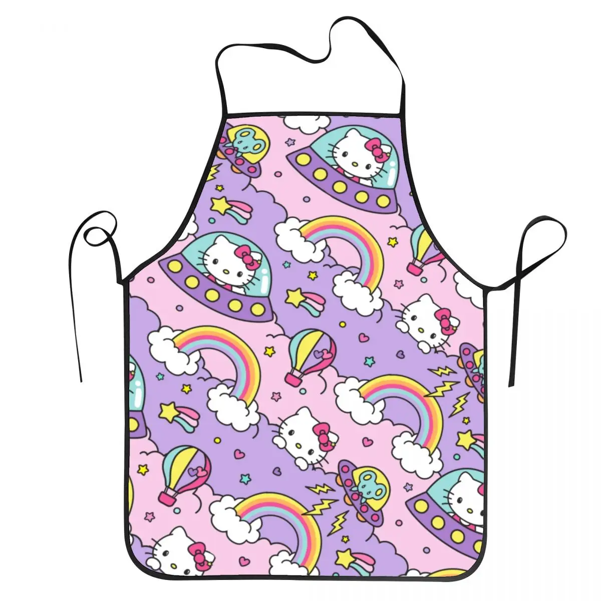 Custom Alien UFO Hello Kitty Cat Apron for Women Men Unisex Bib Cartoon Kitten Cooking Kitchen Tablier Cuisine Chef Baking