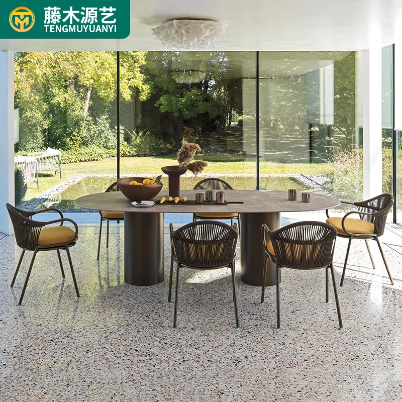

Outdoor Courtyard Table And Chair Villa Garden Outdoor Leisure High-end Furniture Tea Rattan Dining Chair Rock Slab Dining Table