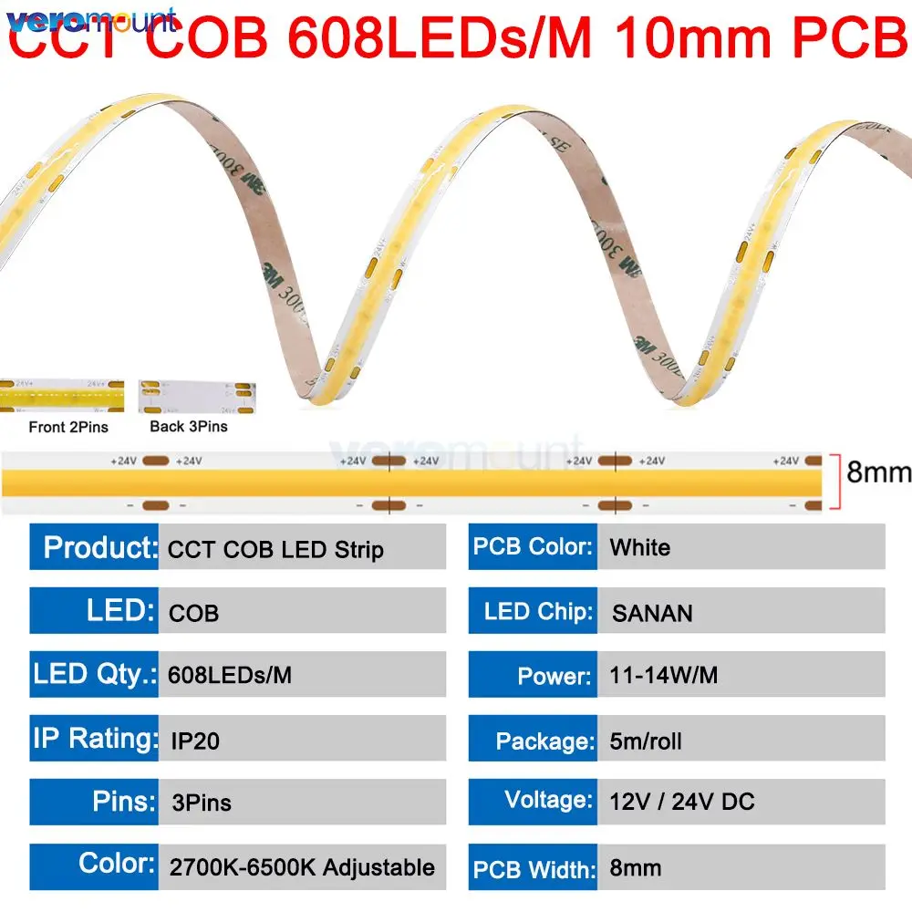 5m COB CCT LED Strip 12V 24V DC 600/608LEDs/m FCOB Dimmable Dual White 5mm 8mm 10mm PCB High Density Flexible Linear Tape 3 Wire