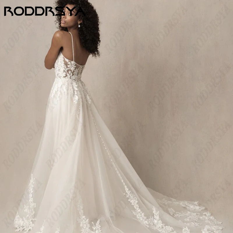 RODDRSYA-vestido De Novia Sexy con cuello en V, tirantes finos, apliques De encaje, tul, Espalda descubierta, línea A, sin mangasvestido De Novia Sexy con cuello en V, tirantes finos, apliques De encaje, tul, Espalda d