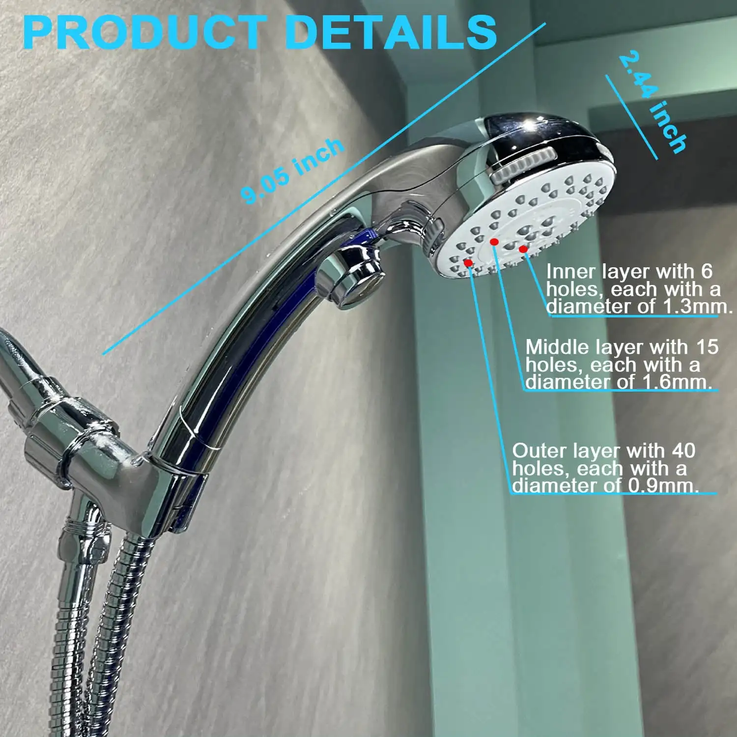 Shower Head  High Pressure Handheld Shower Head with Water Stop Button, Shower Head with Ultra-long Stainless