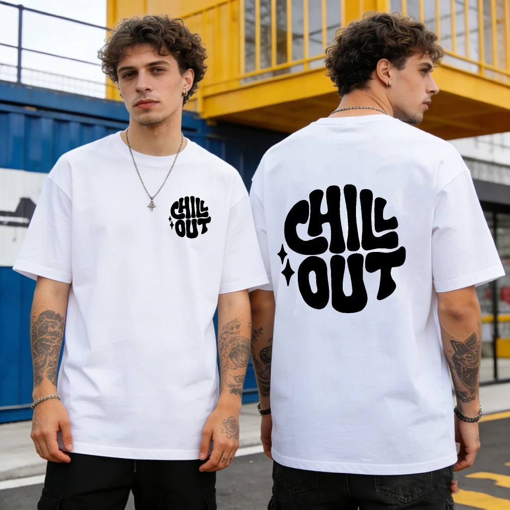 Chill Out Bubble Chest & Back Print Boxy Unisex Tee Retro Y2K Groovy Slogan Top, Soft Cotton Casual Streetwear Gift for Teens