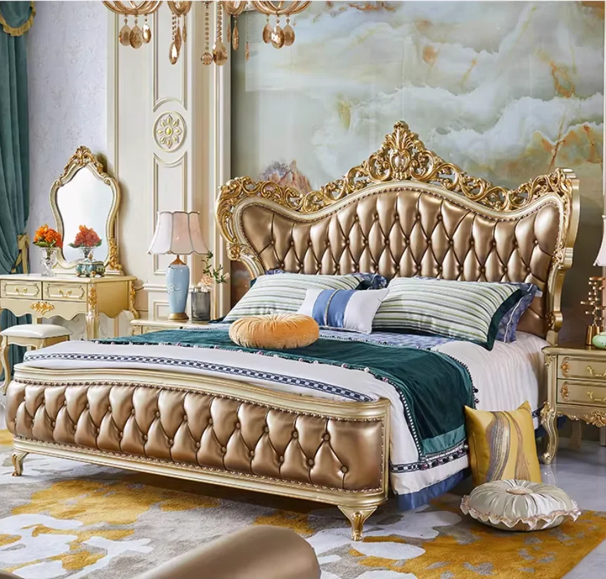 European Style Solid Wood Leather Antique Bed Luxury Villa Master Bedroom Set King Size Bed Guardrail Storage Wedding Bed Royal