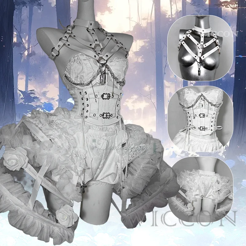 

Оригинальный готический белый корсет с рыбьей косточкой, сексуальный бандажный топ, пояса, оболочка с жемчугом и бисером, птичья клетка, кринолин, кожаный ремешок, комплект одежды