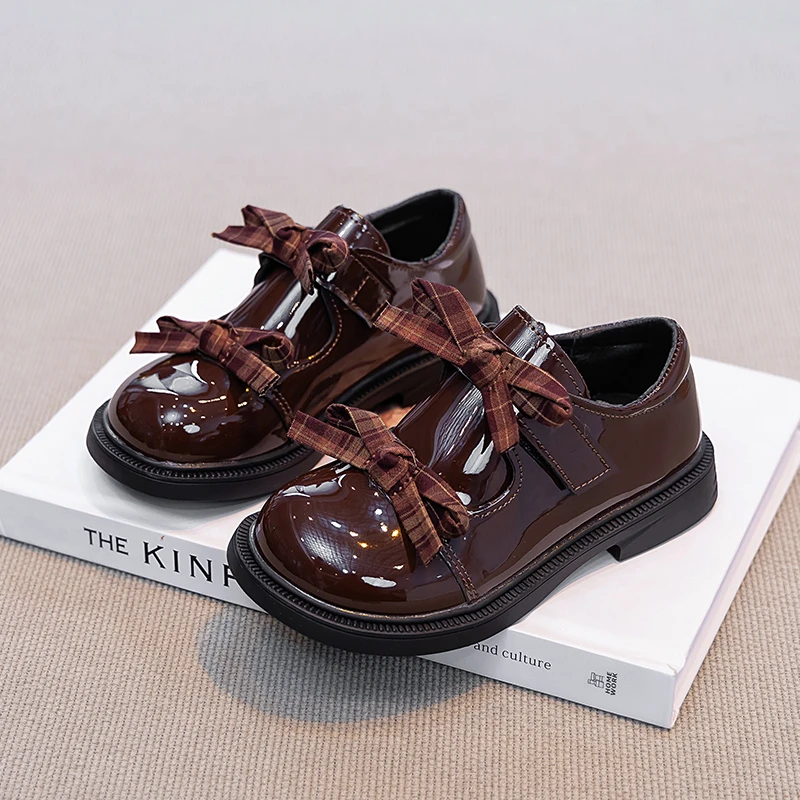 Girls Mary Jane Shoes Plaid Bow 2026 Spring Autumn Children School Uniform Leather Shoes Princess Wedding Party Dress Kids Flats