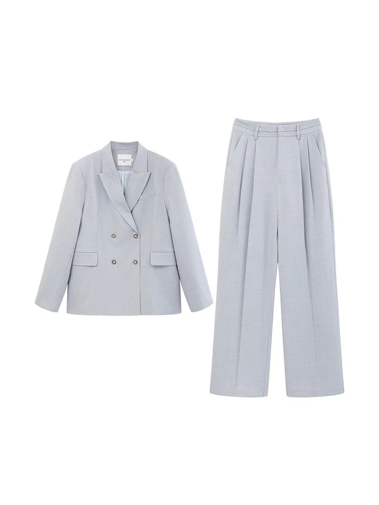 Double-Breasted Blazer and High-Waist Wide-Leg Trousers Set – Sophisticated Business Casual with Contrasting Cuff Detail