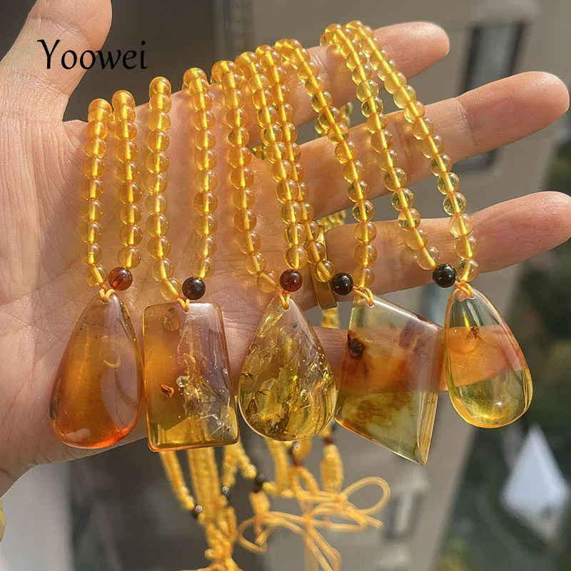 

Original Amber Insect Pendant Necklace Diy Gift Unique New Natural 56cm Chain Golden Beads Baltic Stone Flyings Amber Jewelry