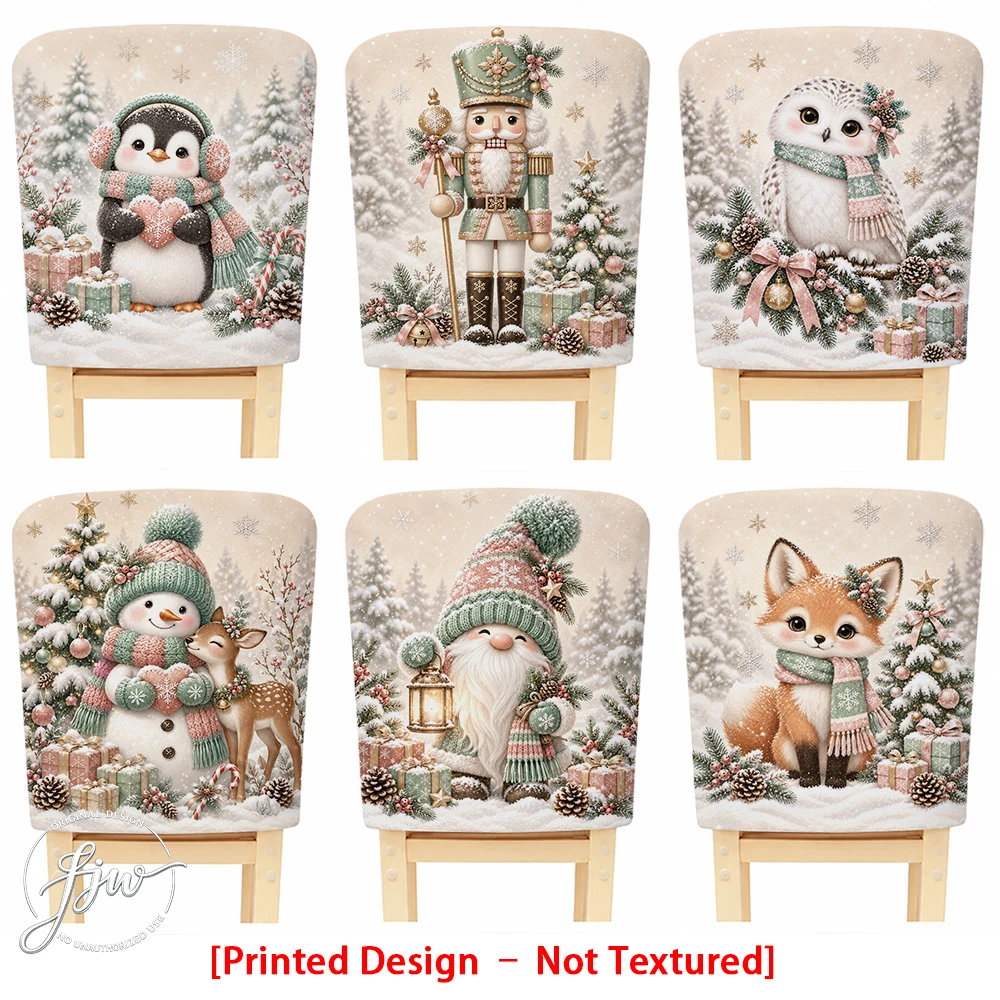 2/4/6pc Christmas Chair Back Covers Winter Forest Animal Snowman Xmas Decorative Dining Chair Slipcovers for Holiday Home Decor