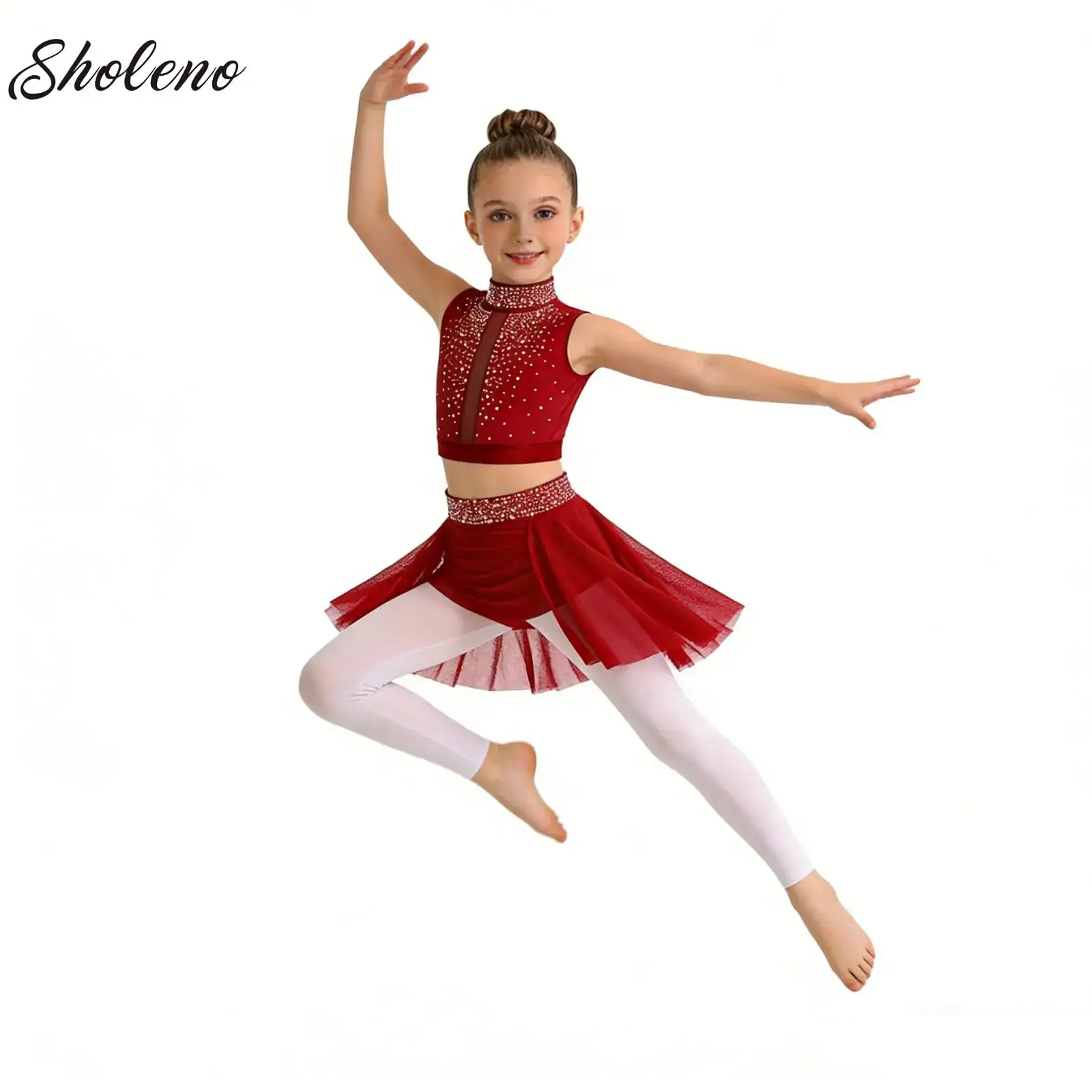 

Kids Girls Lyrical Contemporary Dance Performance Set Rhinestones Crop Top Mesh Chiffon Hi-lo Leotard Skirt Ballet Outfits