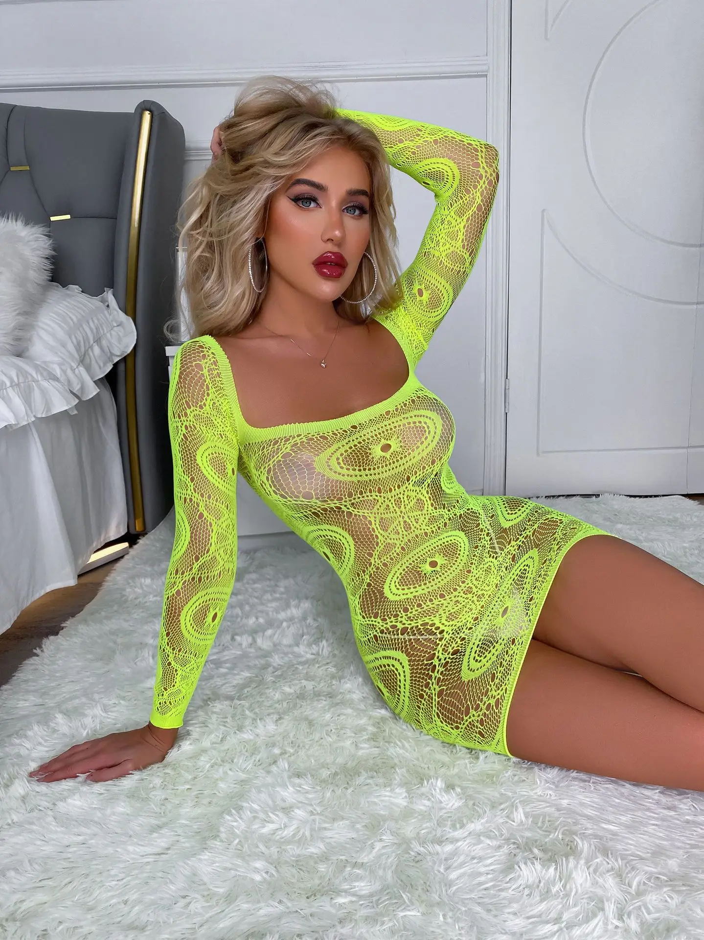 OSEN Sexy Suspender Temptation Hollow See-through Fishnet Hip Skirt High Elasticity Uniform Pajamas Lady