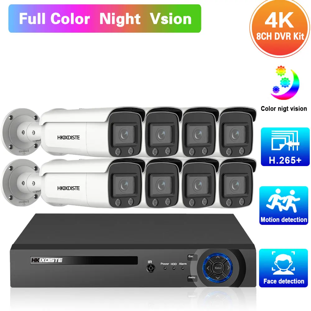 

4K Ultra HD 8CH DVR Kit H.265 AHD CCTV Camera система видеонаблюдения Kit Full Color Night Vision 8MP AHD Camera комплект видеонаблюдения