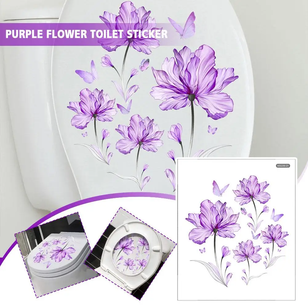 New Purple Flower Waterproof Toilet Sticker Creative Wall Adhesive Decals Art Personalized Wall Decor O8I2