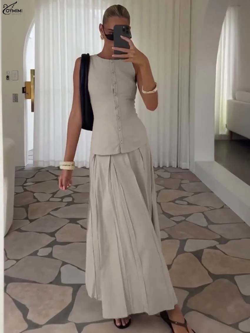 

Oymimi Elegant Beige Cotton Two Piece Set Woman Fashion O-Neck Sleeveless Slim Button Tank Top + Pleated Ankle-Length Skirts Set
