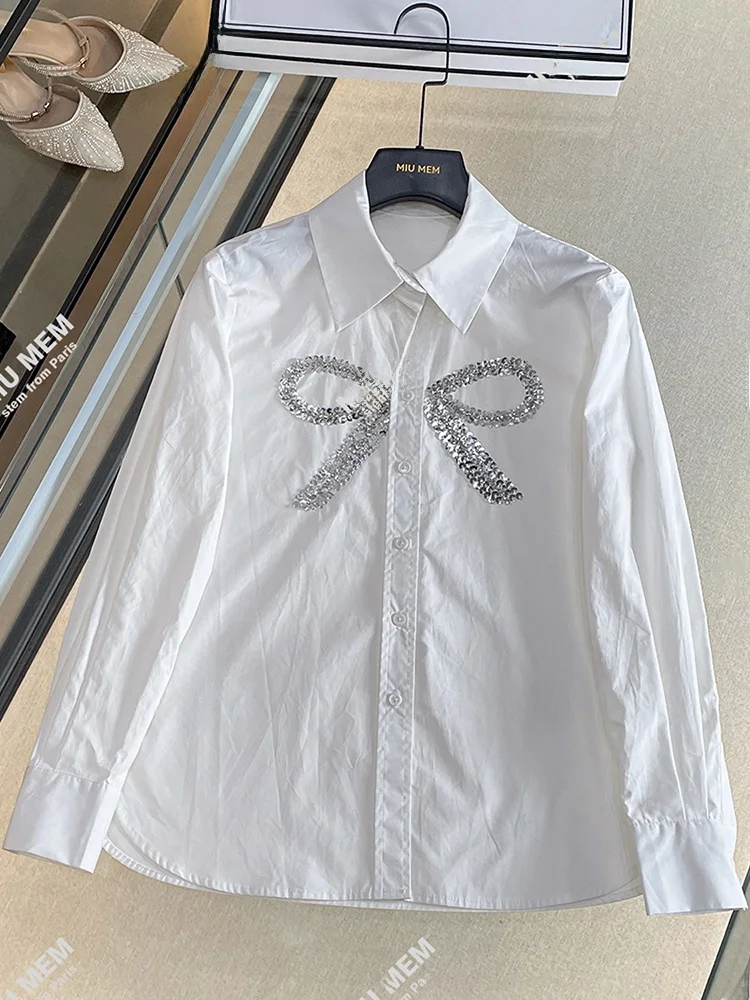 

iny Sequin Women's irt Flip-Collar -Knot High-End European Sle Faion Commute Loose Fit Long Sve Pure Color