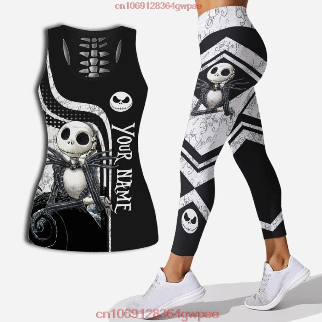 Jack Skellington Women\'s Hollow Vest and Womens Leggings Yoga Suit Fitness Leggings Sports Suit Disney Tank Top Legging Yoga Set