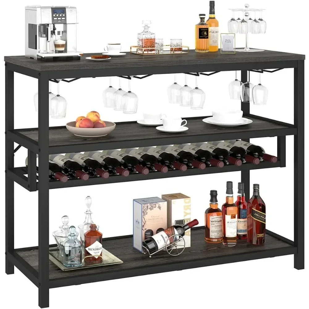 

Wine Rack Table, Wine Bar Table Freestanding Floor, Rustic Bar Cabinet with Wine Shelf and Glass Holder, Wood and Metal Modern