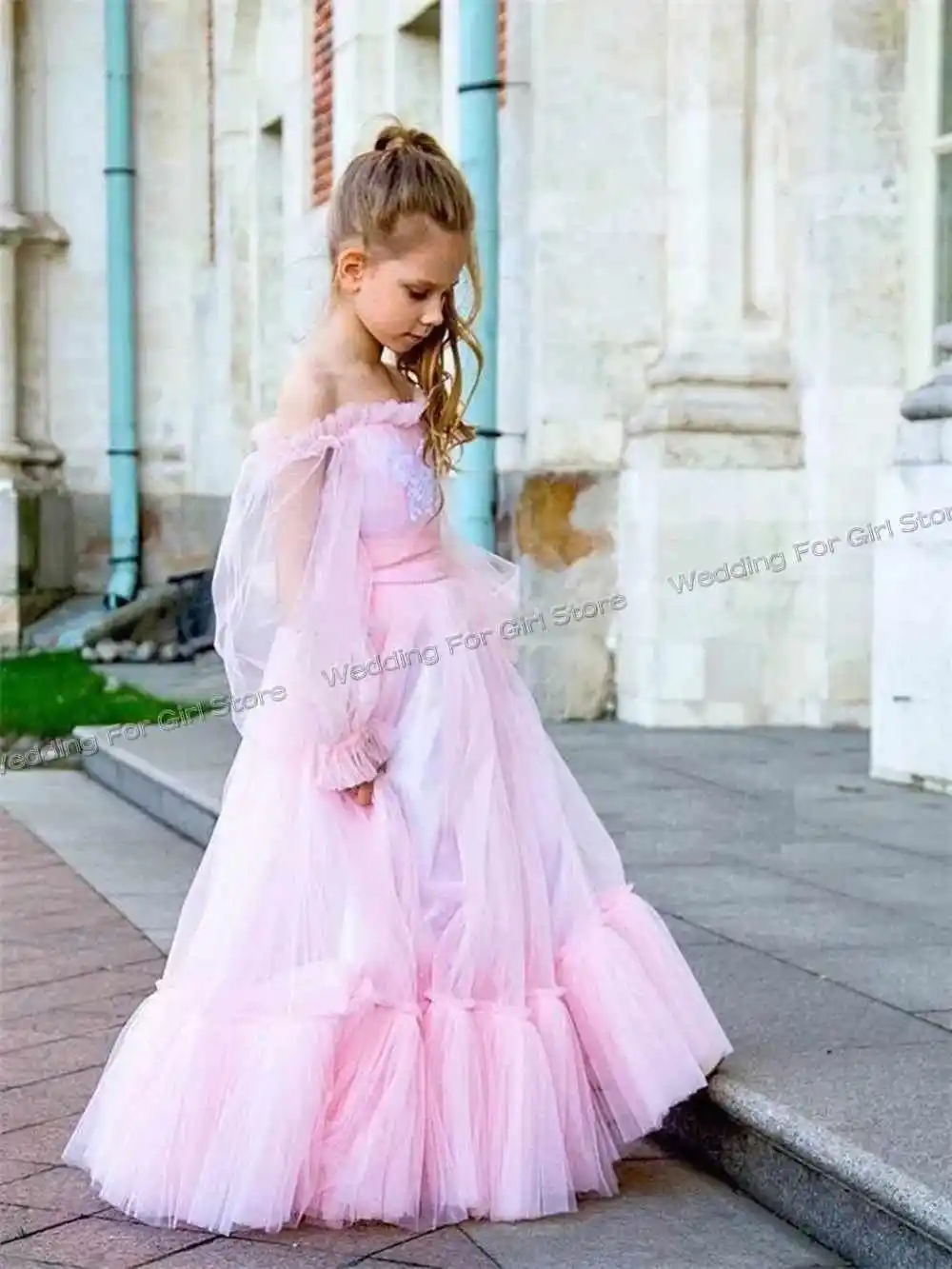 A-Line Pink Flower Girl Dress For Wedding Off Shoulder Princess Girls Birthday Clothes Customize Ruffles Prom Girl Dresses