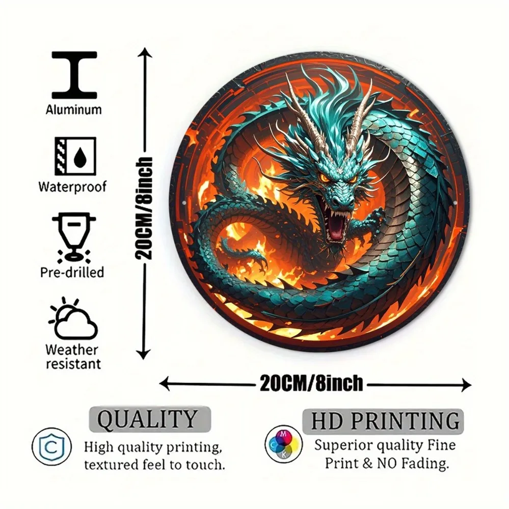 2D Metal Sign, Blue Dragon on Flame Background Retro Aluminum Wall Decor for Home Cafe Garage Party, 8x8 Inch 20x20 cm