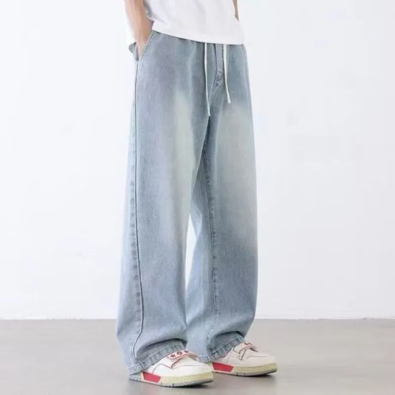 Calças Jeans Femininas de Cintura Média com Pernas Largas e Corte Reto, Estilo Vintage, Casual, em Denim Stretch, Ajuste Slim, Calças Longas