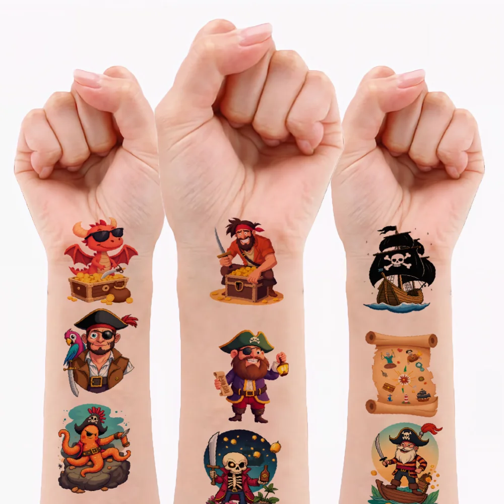 

54pcs Temporary Tattoo Nautical Designs Waterproof Long-lasting Body Stickers Pirate Illustrations Cartoon For Cheeks Girls