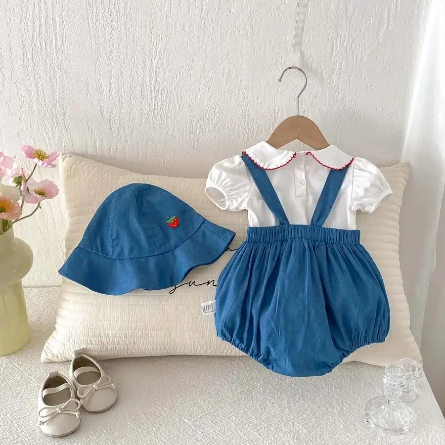 Summer Baby Girl Cute Strawberry Lasel Short Sleeve Top Belt Pants and Hat Set, Baby Girl Outdoor Cute Short Sleeve Set