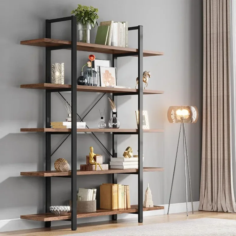 5-Tier Bookshelf, Vintage Industrial Style Bookcase 72 H x 12 W x 47L Inches, Retro Brown