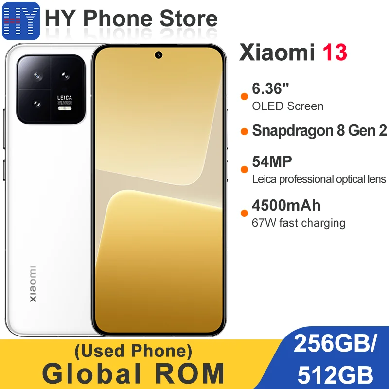 ROM global Xiaomi 13 256GB/512GB Snapdragon 8 Gen 2 Cámara 54MP+32MP Pantalla OLED de 6,36" Batería 67W 4500mAh (Usado)