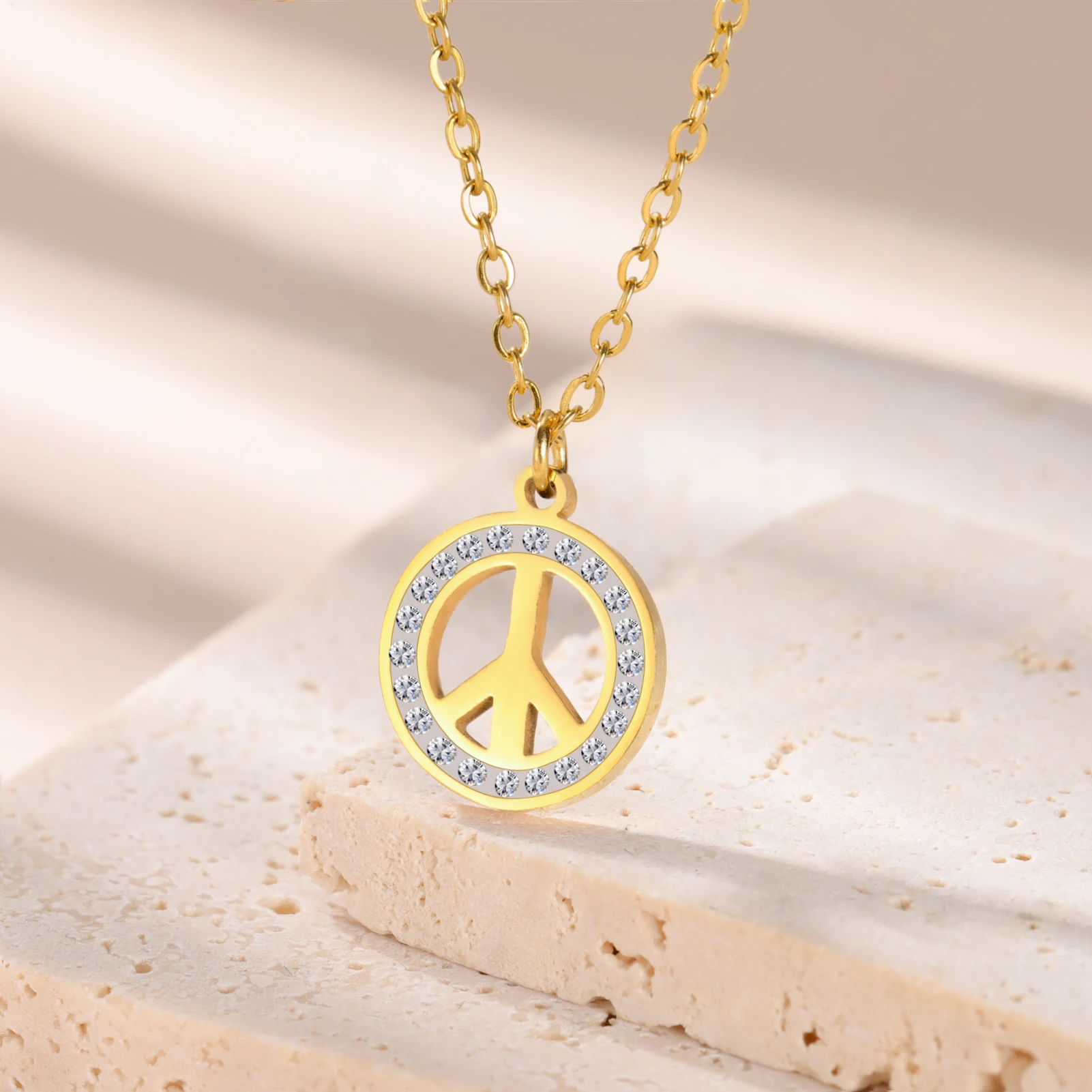 COOLTIME Edelstahl Frieden Symbol Halskette für Frauen Mode Runde Zirkon Kette Anhänger Amulett Schmuck Geschenk Großhandel – Detail 12