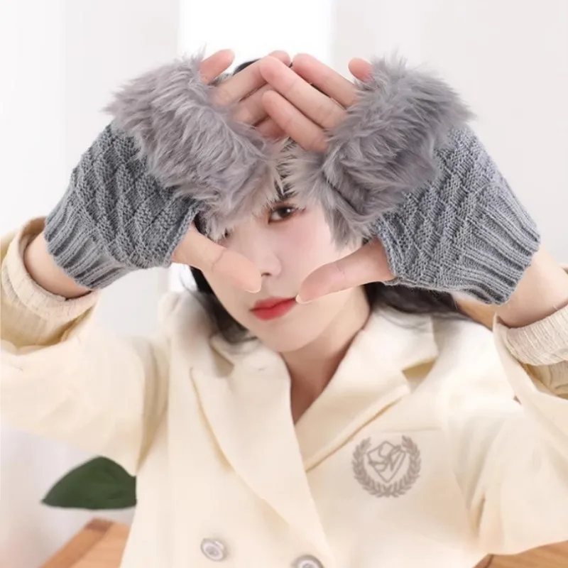 Winter Women Gloves Warmer Stylish Gloves Knitting Faux Wool Mitten Fingerless Rabbit Fur Gloves Arm Wrist Gants Femme Gift