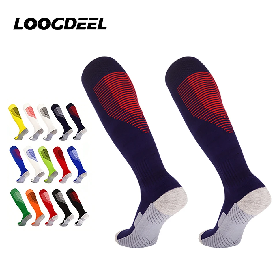 

Loogdeel, 1 пара, футбольные спортивные носки, дышащие, противоскользящие, компрессионные чулки унисекс, носки с толстой подошвой для тренировок по футболу, носки до колена