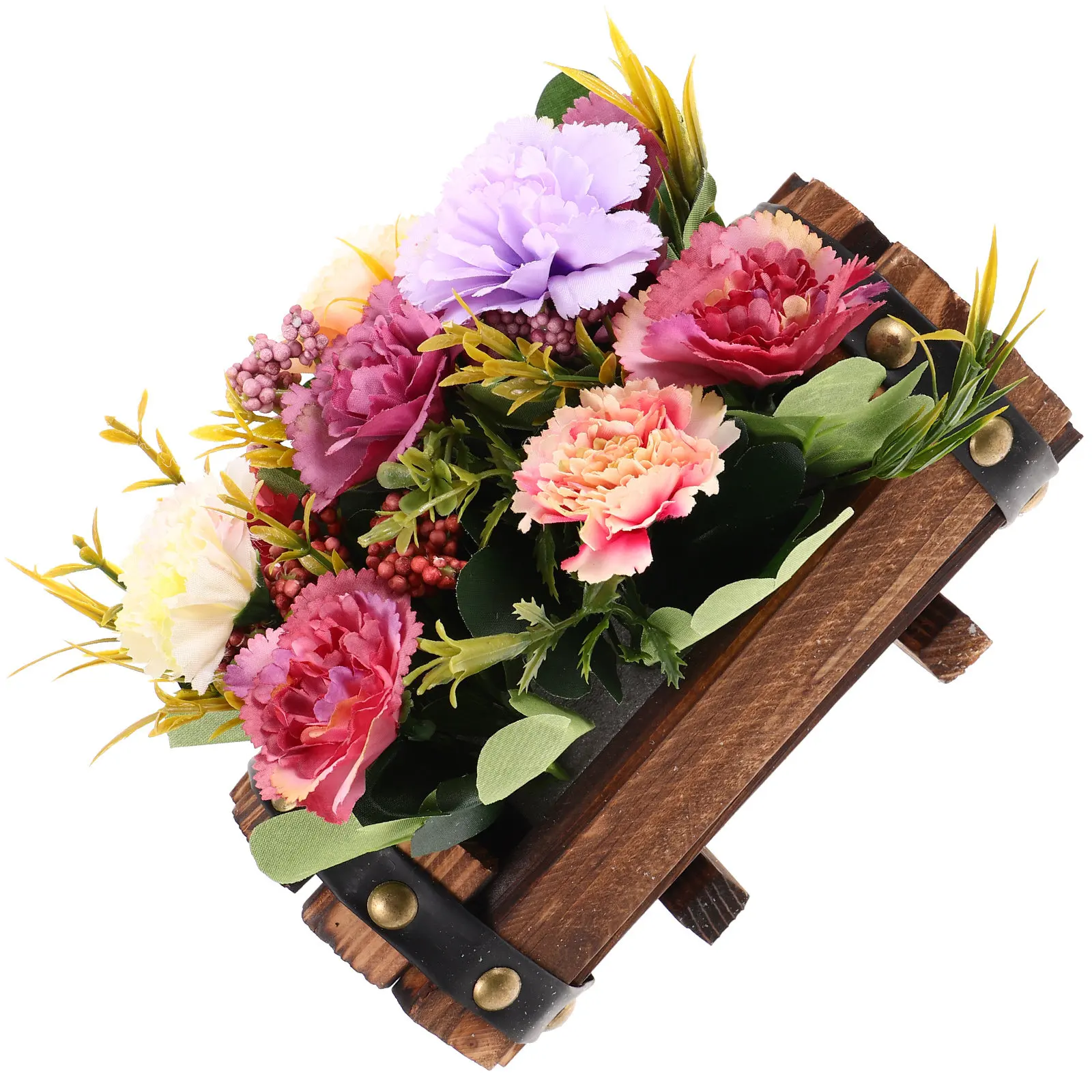 1Set Anticorrosive Wooden Barrel Flower Box Spacious Interior Retro Rivet Design Home Garden Table Decoration Artificial Flowers
