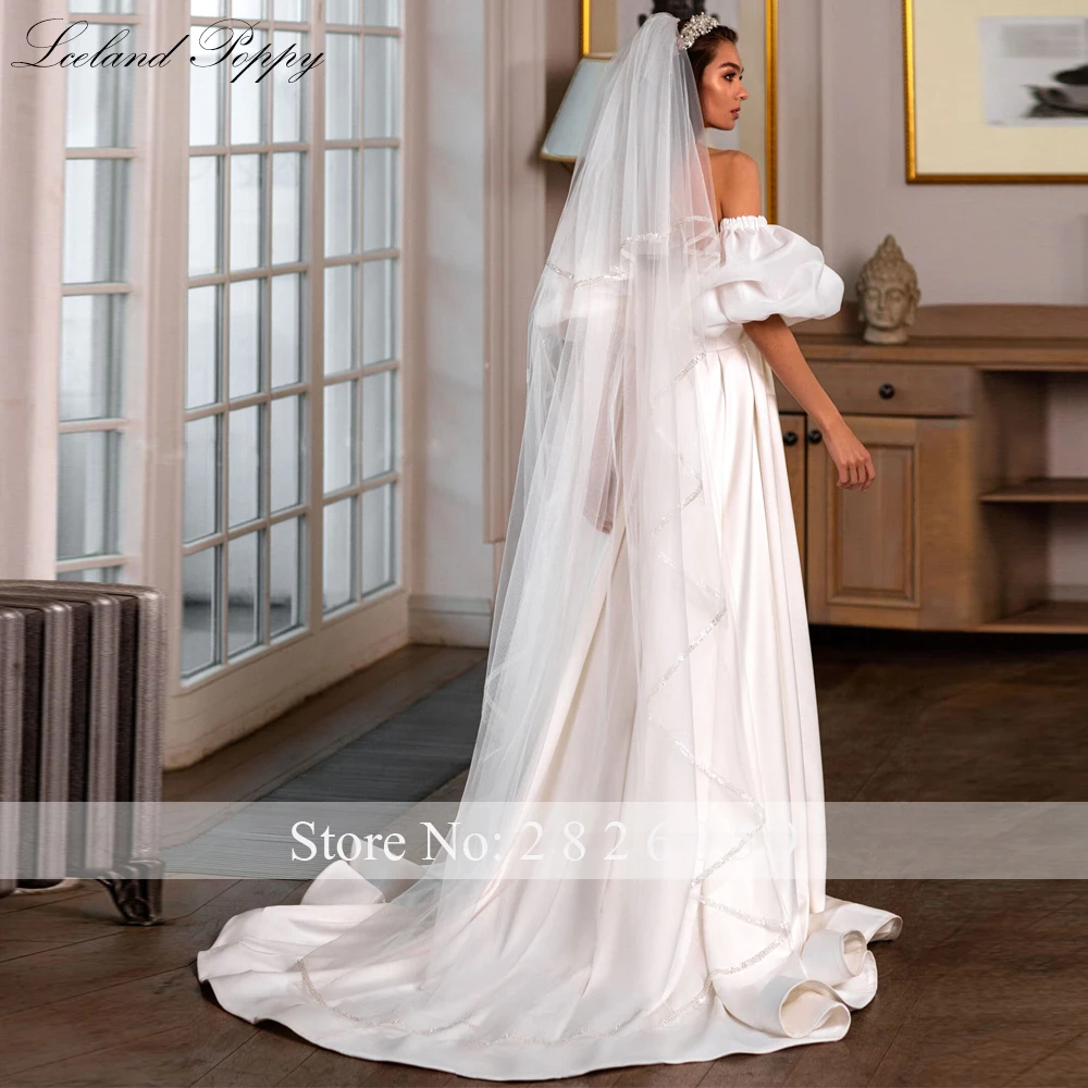 Lceland Poppy Customized A Line Strapless Satin Wedding Dresses Puff Sleeves High Slit Bridal Gowns with Court Train