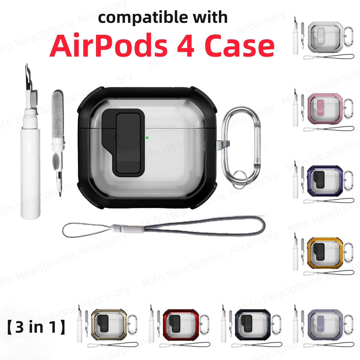 Funda de bloqueo seguro para AirPods 4, funda protectora a prueba de golpes con Kit de limpieza, llavero con cordón para hombres y mujeres, funda para Airpods 4 ANC