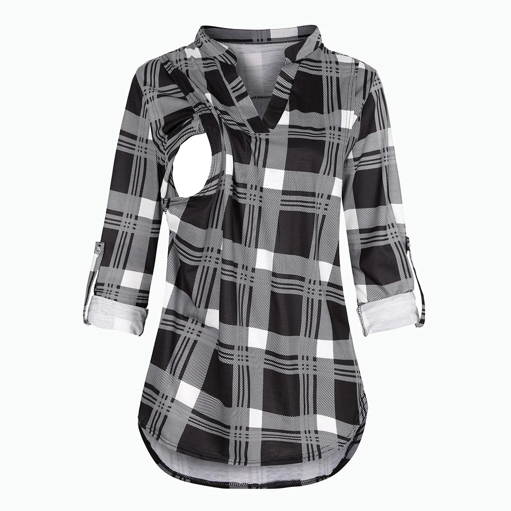 Plaid Printing Pregnant Women\'s Breastfeeding Sexy V-neck Soft and Comfortable Long Sleeve Top