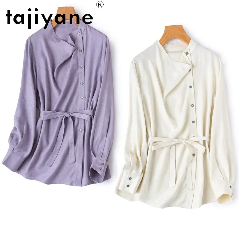 

TAJIYANE 100% Шелковая блузка из тутового шелкопряда для женщин, элегантная жаккардовая рубашка с драпированным воротником, весенние женские топы, новинка 2026 года, женская одежда