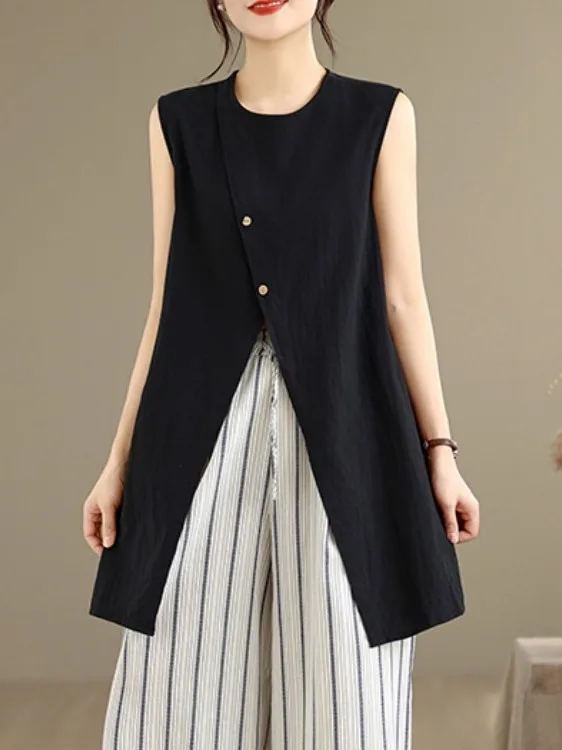 

Loose Fit Casual round Neck Sleeveless Shirt Vest Large Size Women's Summer Fashion Artistic Style Mid-Length Open Split