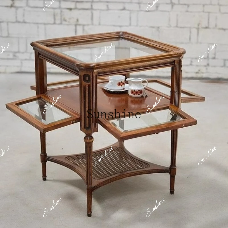French retro solid wood glass edge few old rattan weaving surprise small tea table  FT