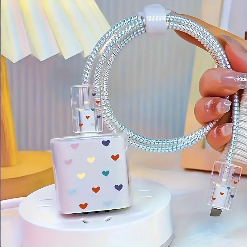 4 قطعة/المجموعة الحب القلب لينة شاحن حامي القضية آيفون 16 15 14 13 18 واط 20 واط شحن رئيس الغطاء الواقي كابل يو اس بي اللفاف #2