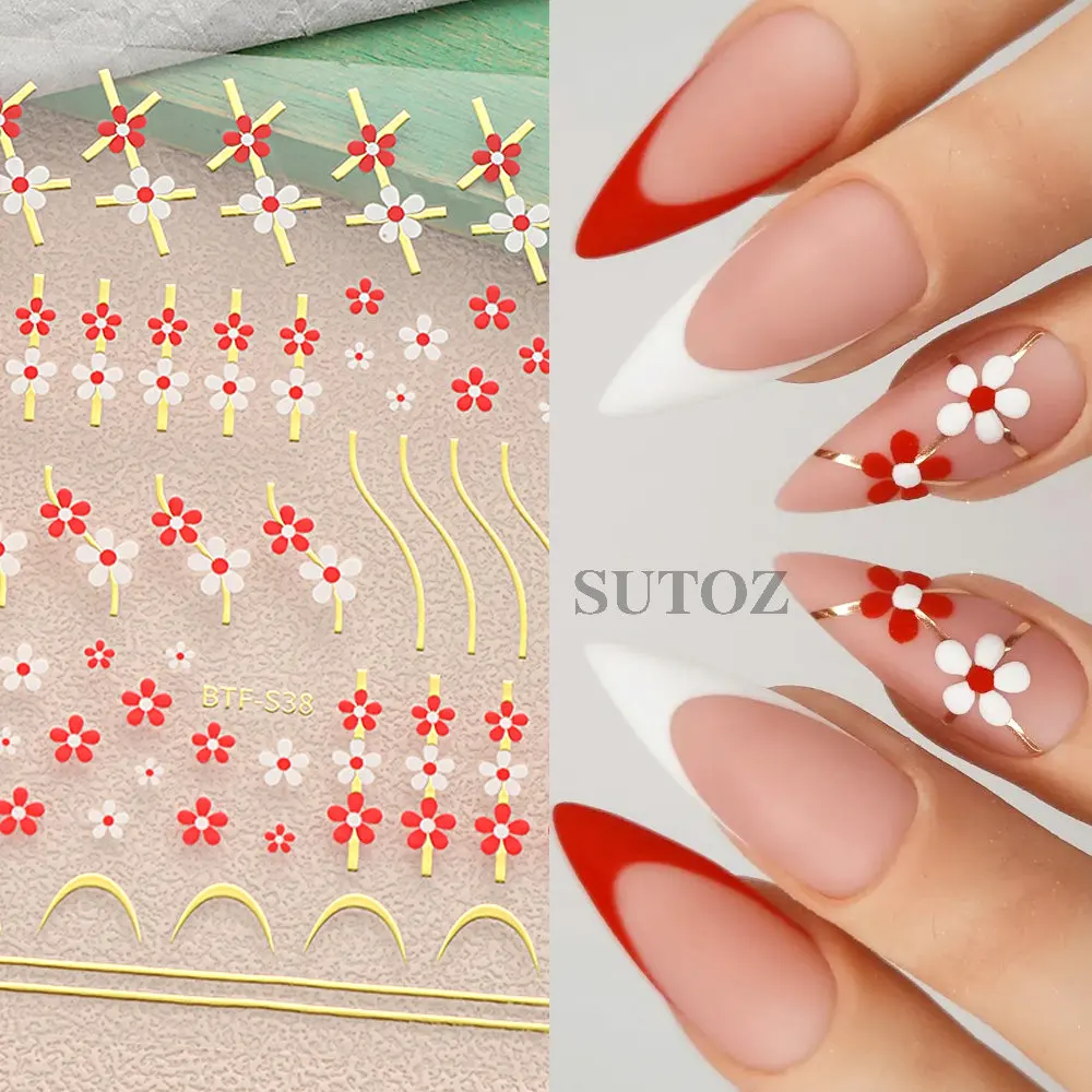 3D Black White Flower Nail Sticker Geometry Golden Wave Lines Nail Art Decals Hibiscus Love Heart Design Y2K Manicure LEBBTF-S37