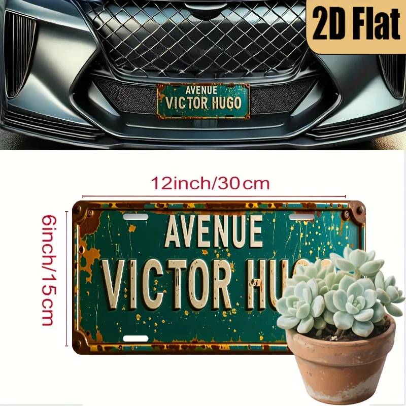 Placa de Licença Vintage Rústica Estilo Avenida Victor Hugo Retrô 2D com Impressão Plana em Alumínio Metálico, Pintura de Alta Definição com Impressão Nítida e Efeito Curvado