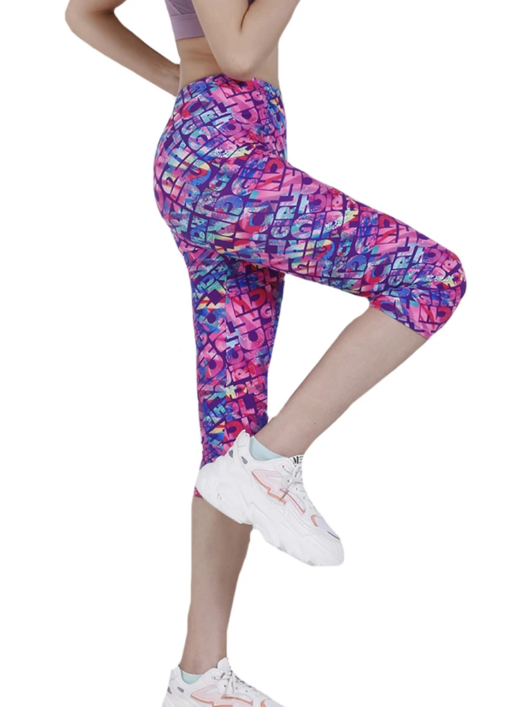 YGYEEG damskie spodnie na lato sportowe Capri Sexy joga leggings Stretch różowe litery elastyczne spodnie drukuj Fitness Workout leginsy